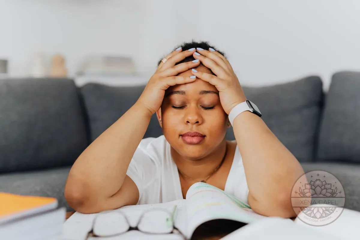 Exam anxiety: a young woman with her hands on her head, tense and blocked over her study books