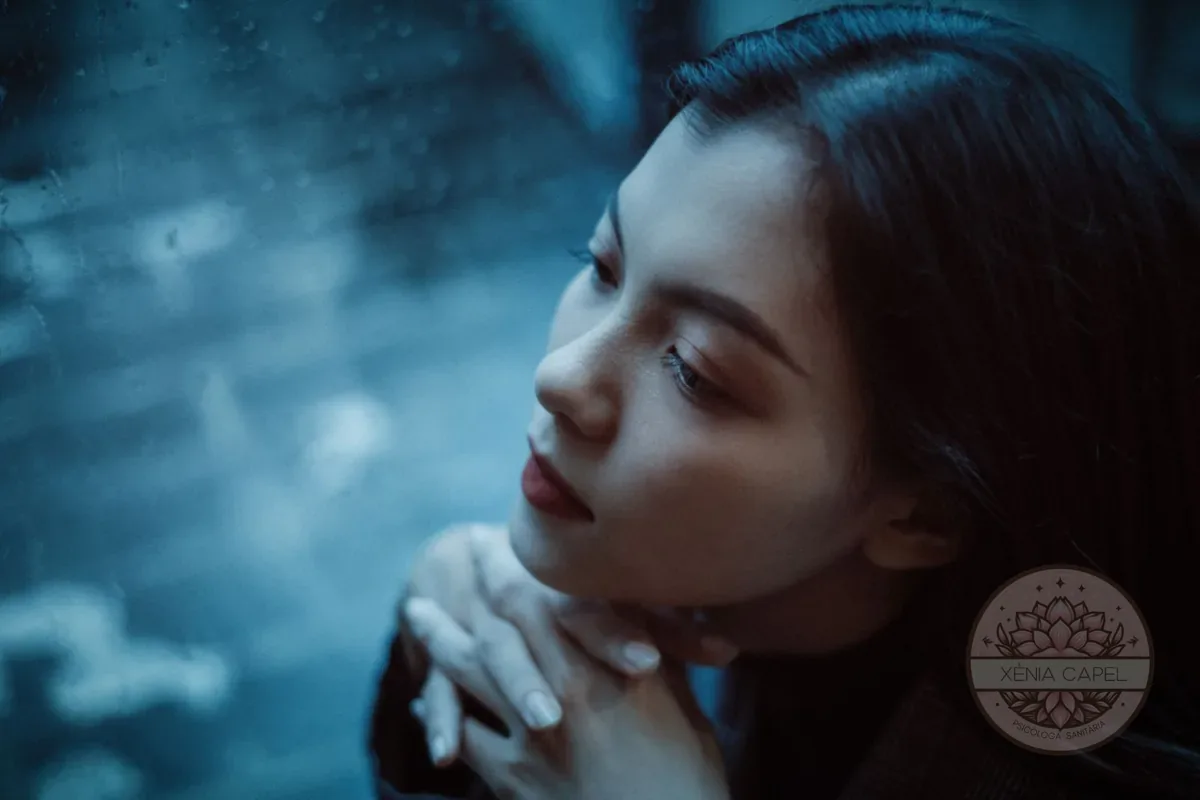 Seasonal affective disorder: a thoughtful, downcast woman by a window with rain and cold winter light