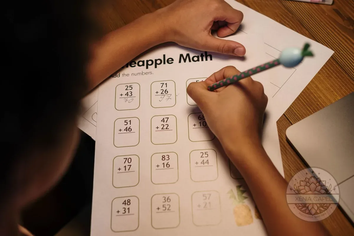 Dyscalculia: a child works on an addition worksheet with difficulty, an example of trouble with numbers