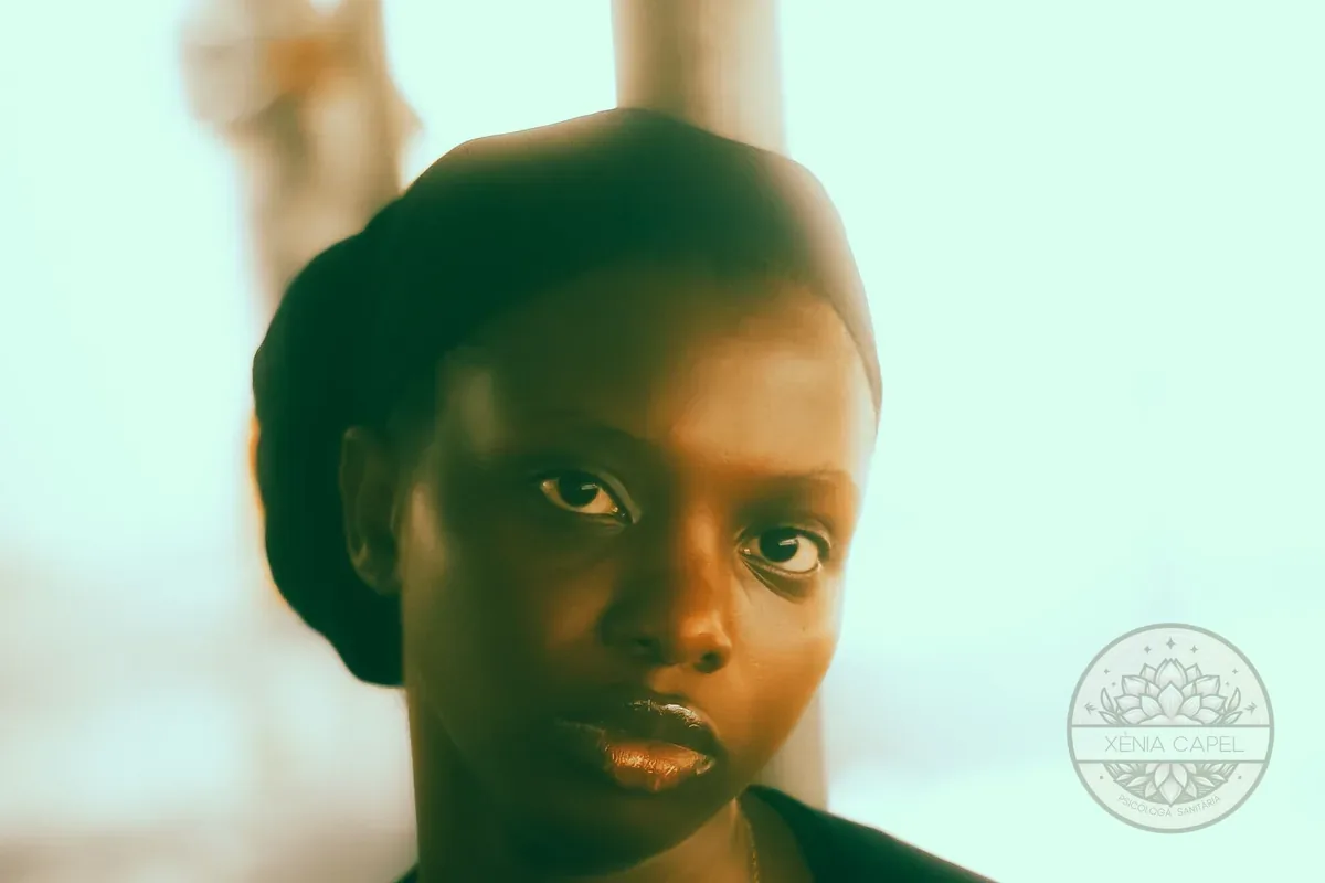 Guilt: an adult woman with a pensive expression in warm light, reflecting the inner weight of guilt