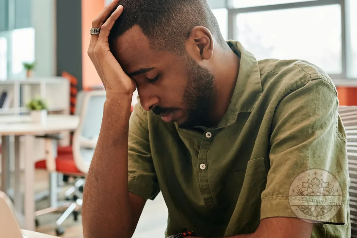 Síndrome postvacacional: home cansat i desmotivat a l'escriptori en tornar a la feina després de les vacances